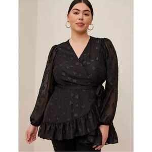 Torrid Top Womens Size 2X Black Lurex Star Surplice Ruffle Hem Blouse Long Sleev